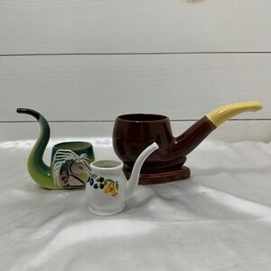Vintage Ceramic Novelty Pipe Planter 3pc Brown Green White Good Decorative MCM